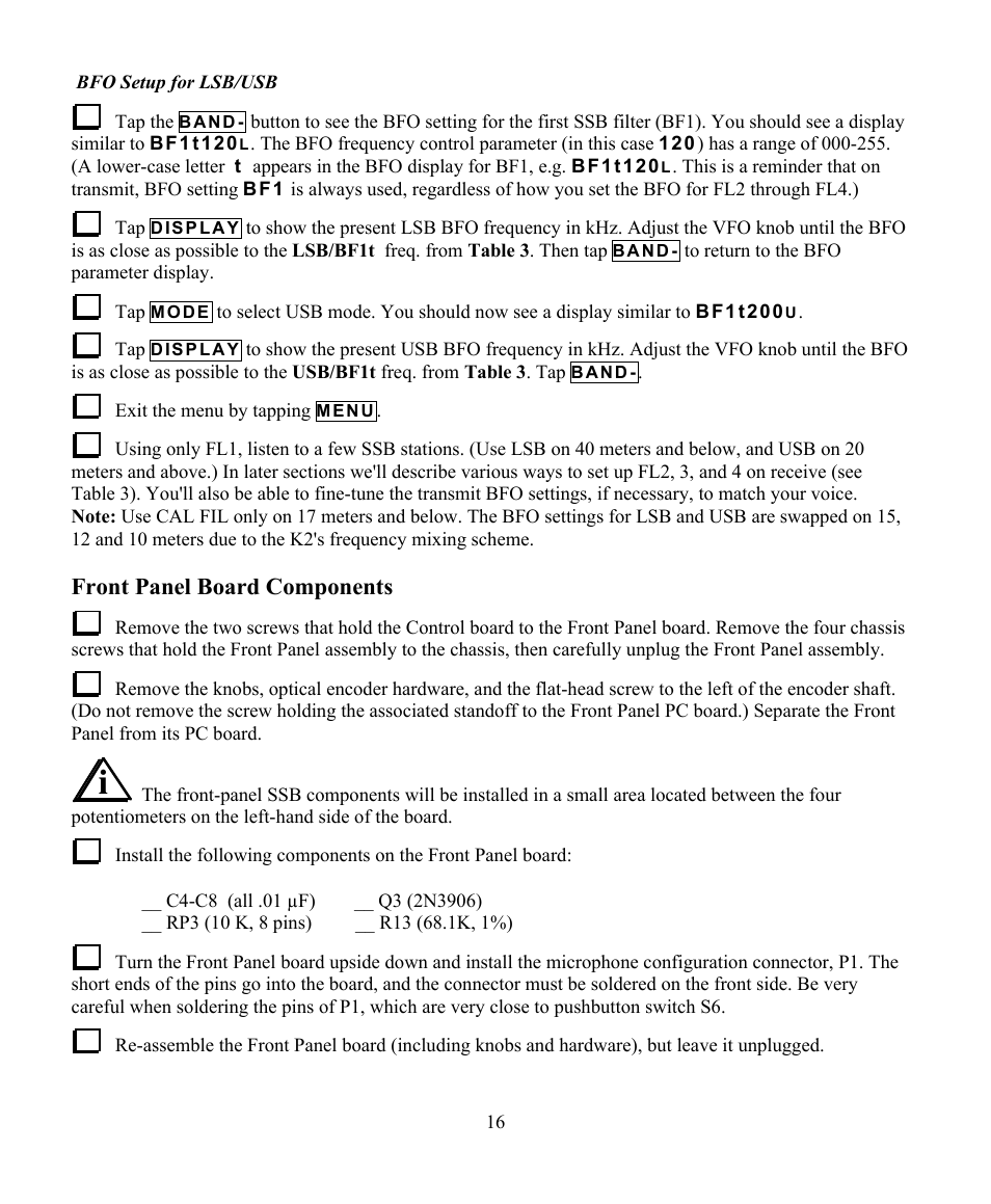 Front panel board components | Elecraft KSB2 User Manual | Page 16 / 24