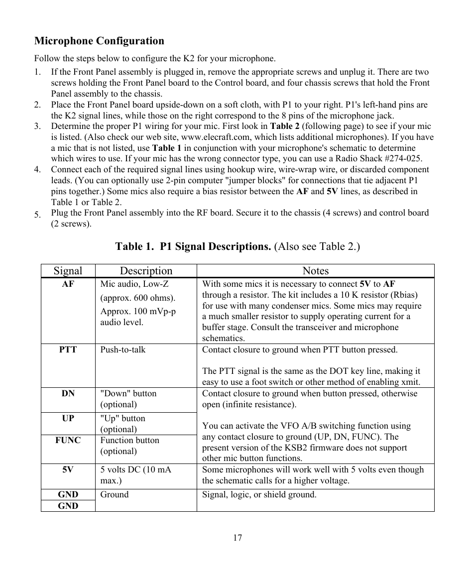 Microphone configuration | Elecraft KSB2 User Manual | Page 17 / 24