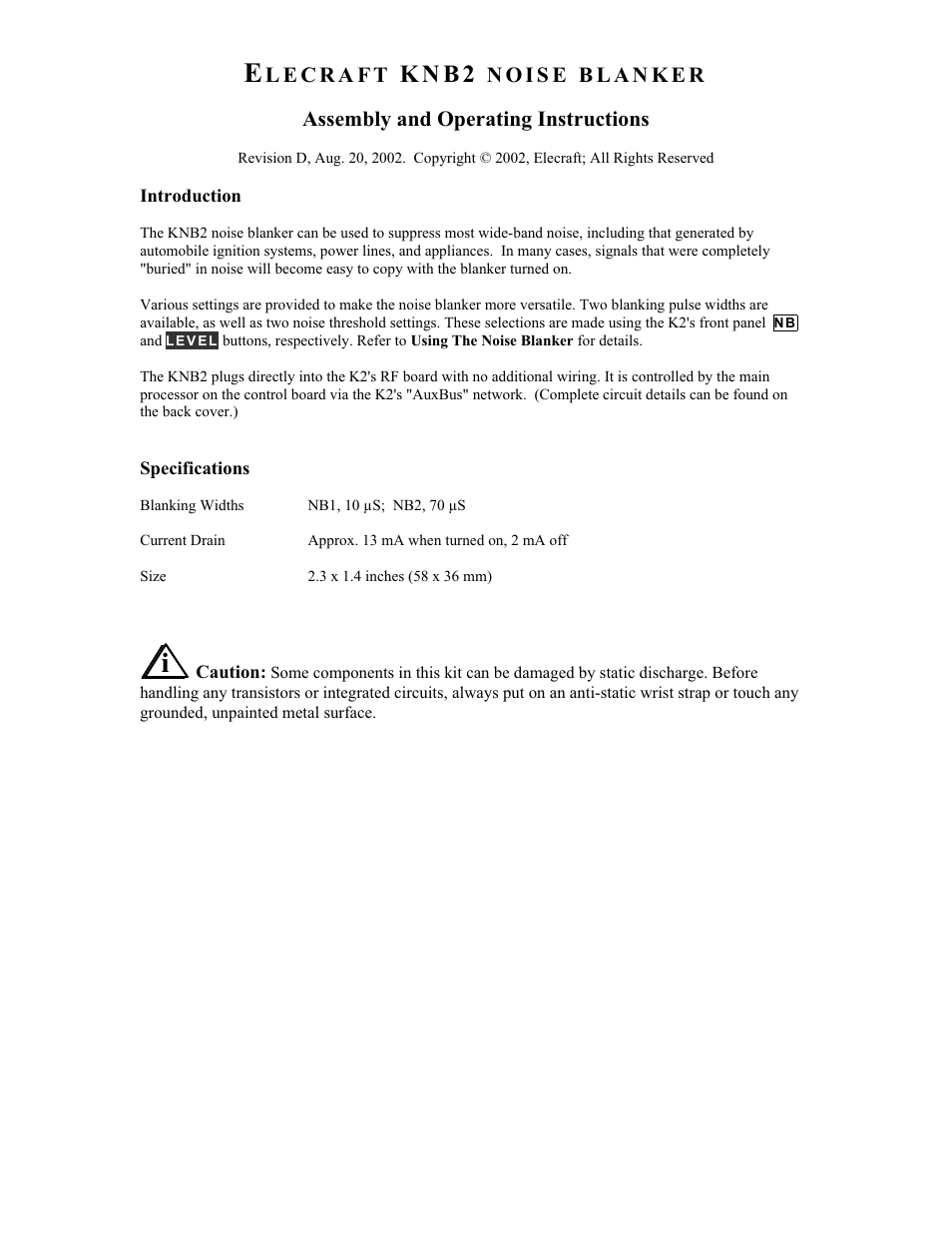 Elecraft KNB2 Manual User Manual | 8 pages