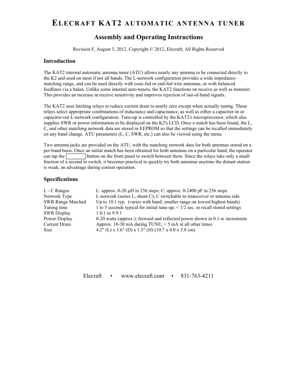 Elecraft KAT2 User Manual | 24 pages