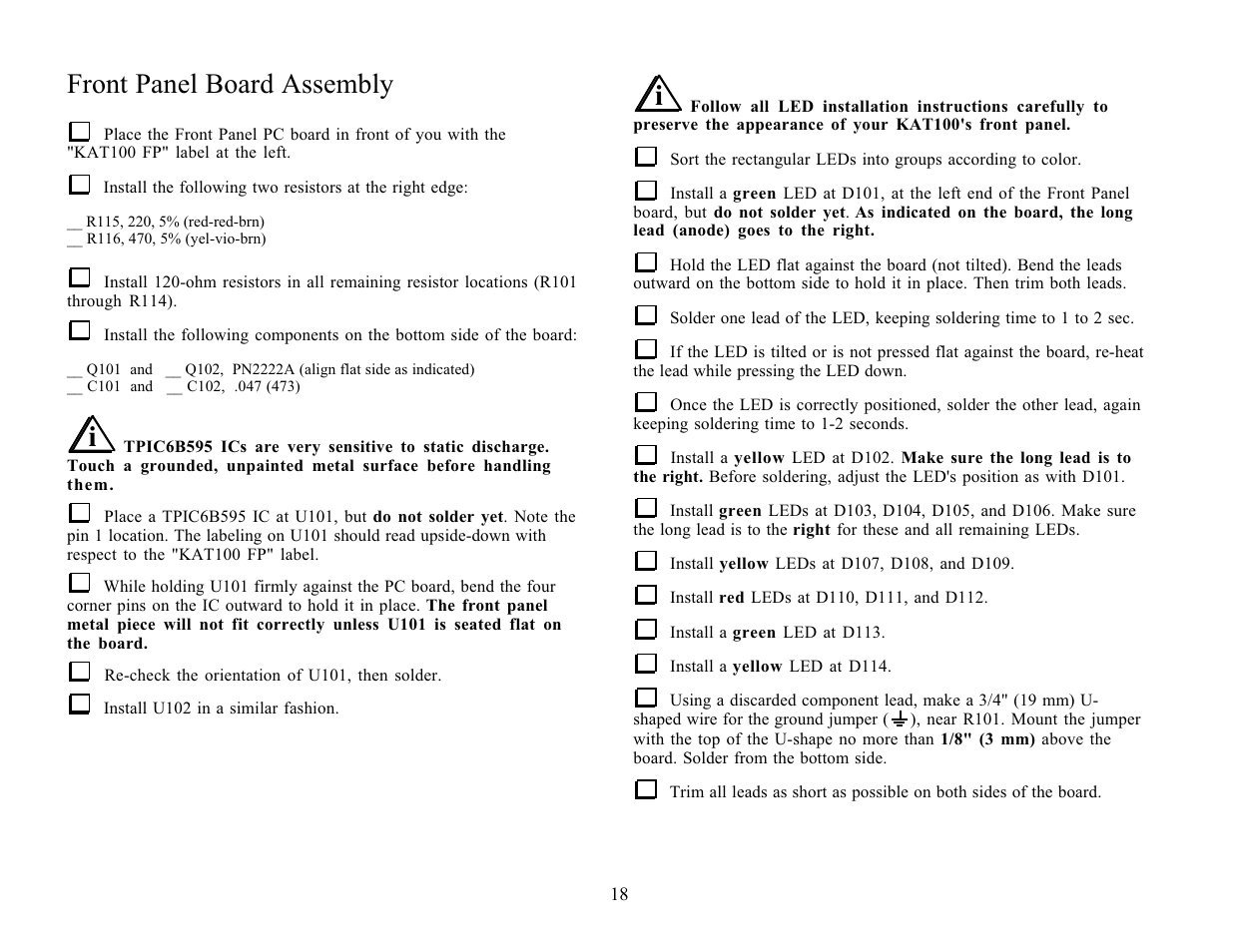 Front panel board assembly | Elecraft KAT100 User Manual | Page 18 / 41