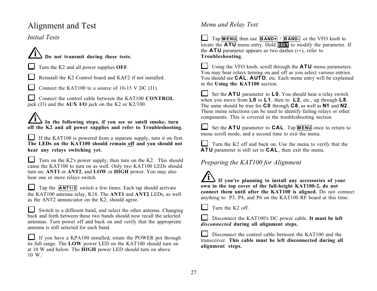 Alignment and test | Elecraft KAT100 User Manual | Page 27 / 41