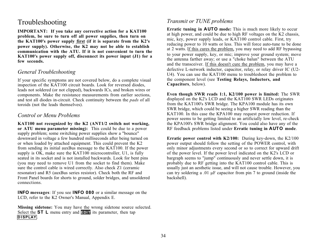 Troubleshooting | Elecraft KAT100 User Manual | Page 34 / 41