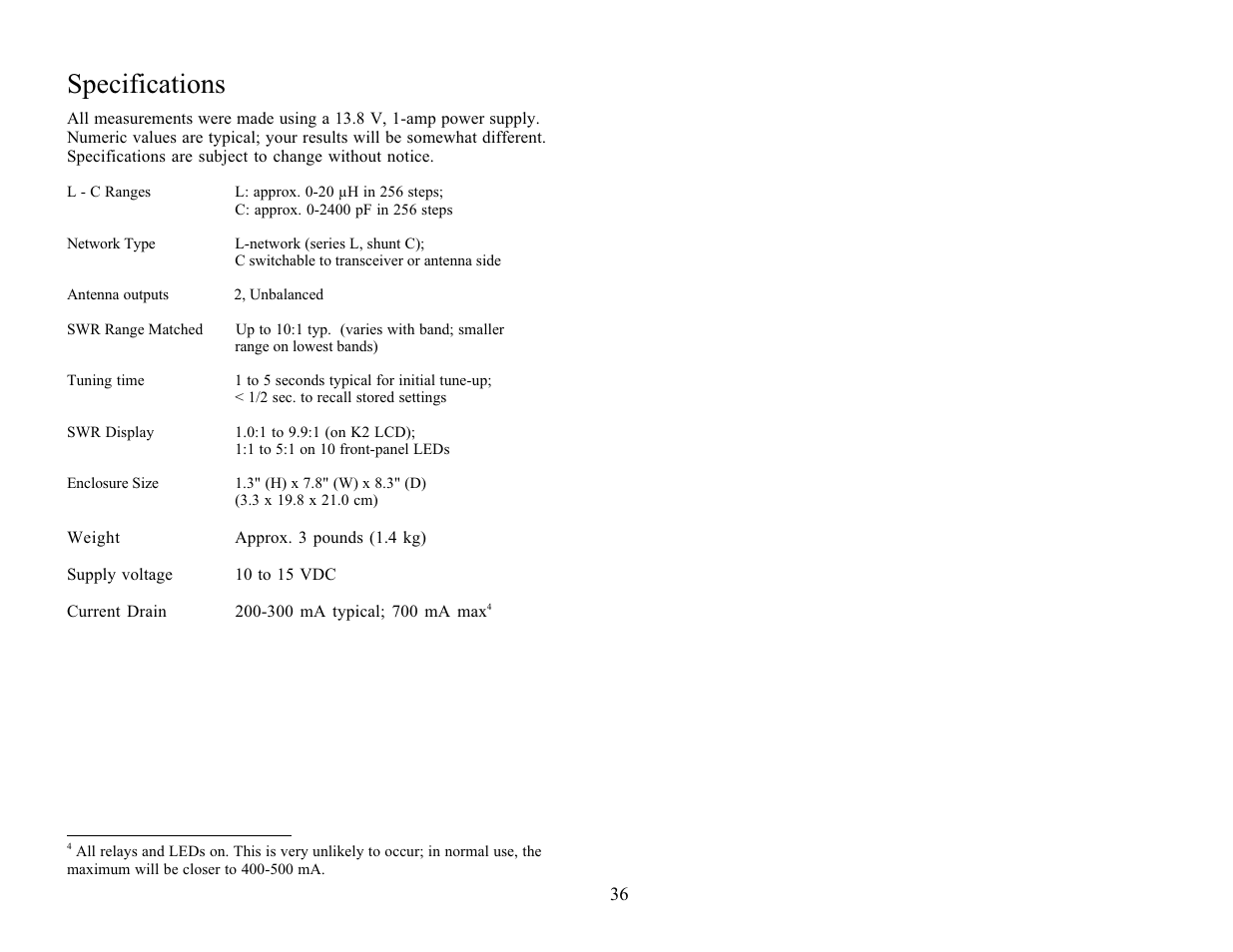 Specifications | Elecraft KAT100 User Manual | Page 36 / 41