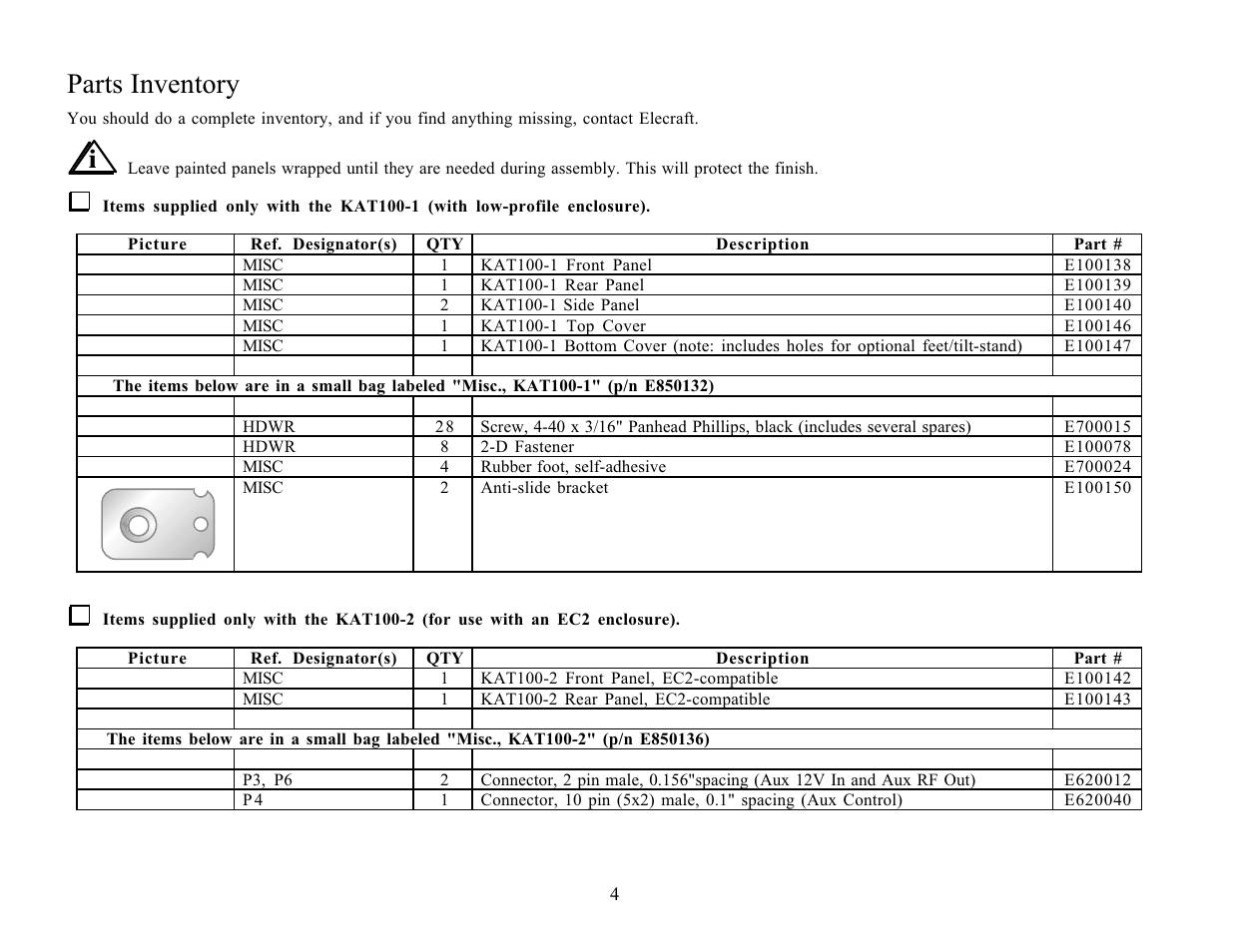 Parts inventory | Elecraft KAT100 User Manual | Page 4 / 41