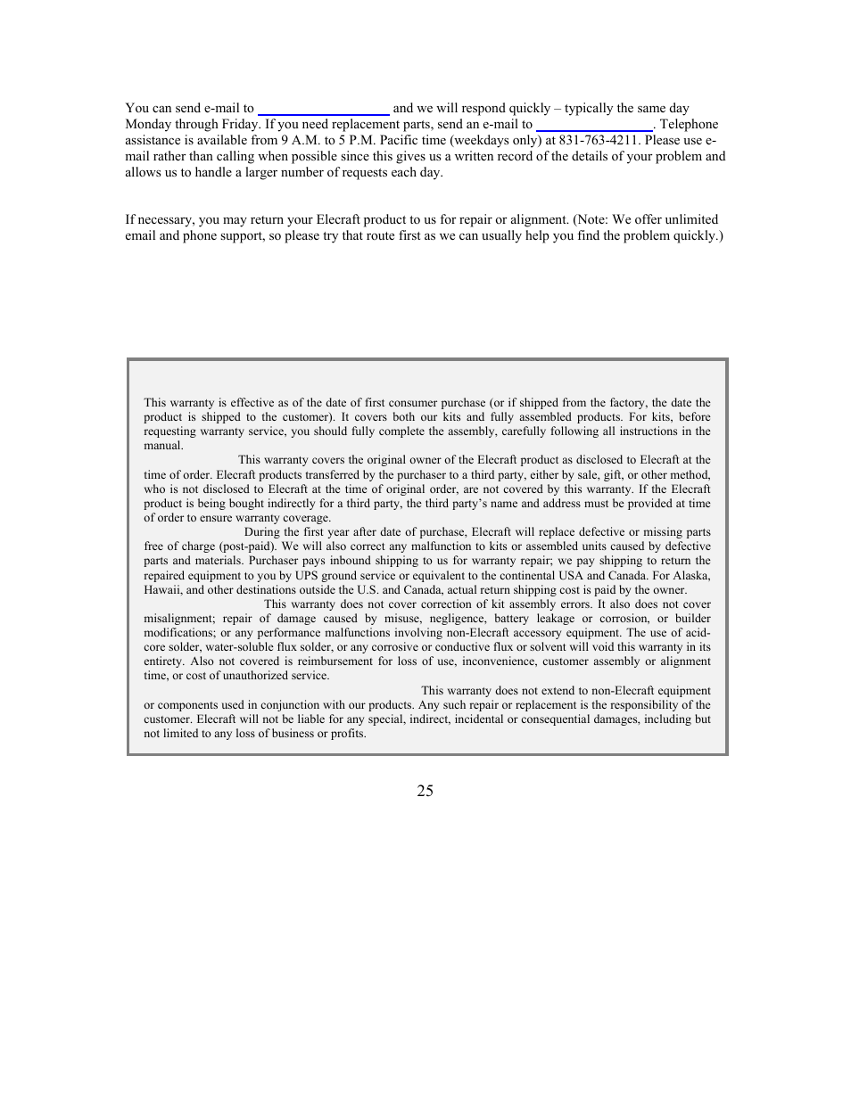 Elecraft 1-year limited warranty | Elecraft KIO2 User Manual | Page 25 / 25