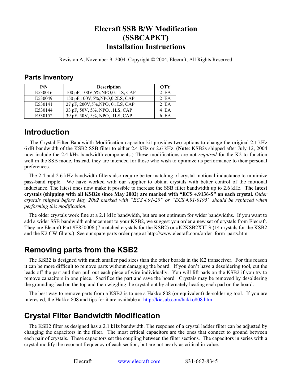 Elecraft SSBCAPKT User Manual | 2 pages