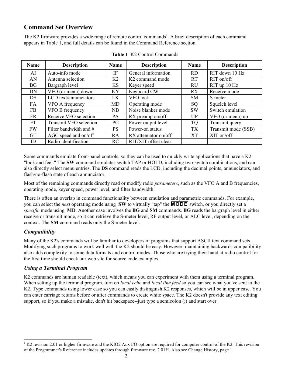 Command set overview | Elecraft KIO2 User Manual | Page 2 / 10