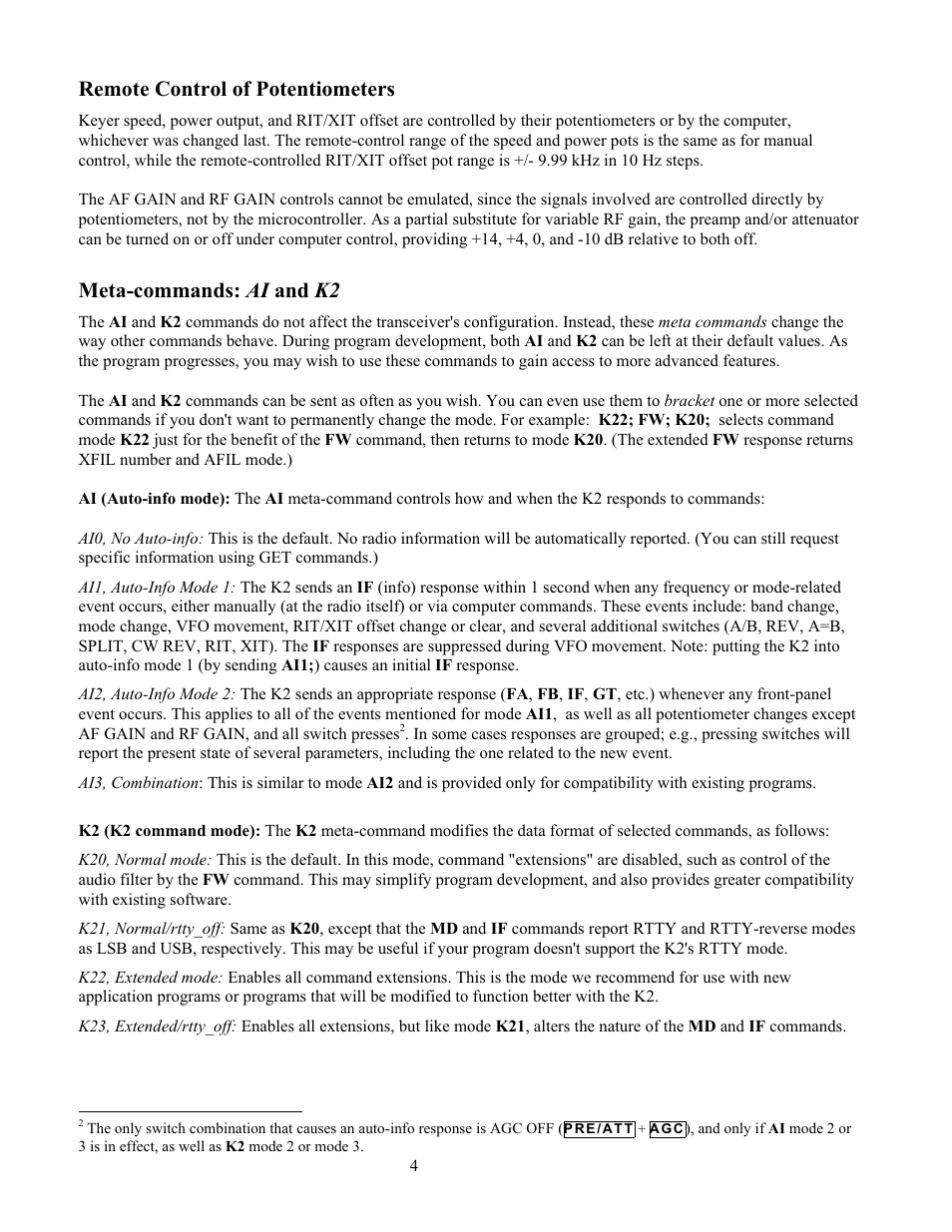 Remote control of potentiometers, Meta-commands: ai and k2 | Elecraft KIO2 User Manual | Page 4 / 10