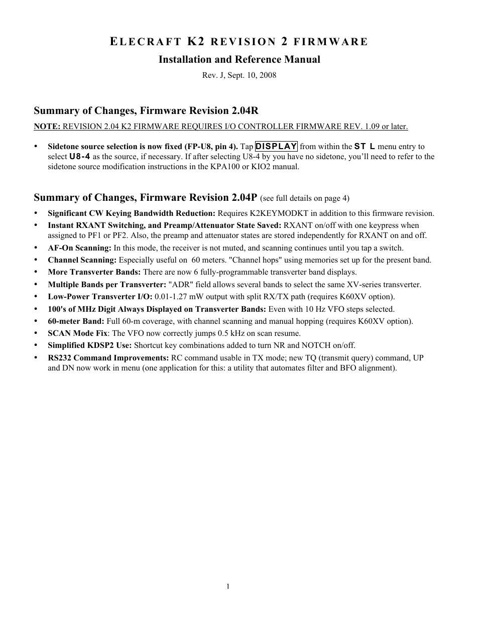 Elecraft 2.04 K2 Firmware User Manual | 4 pages