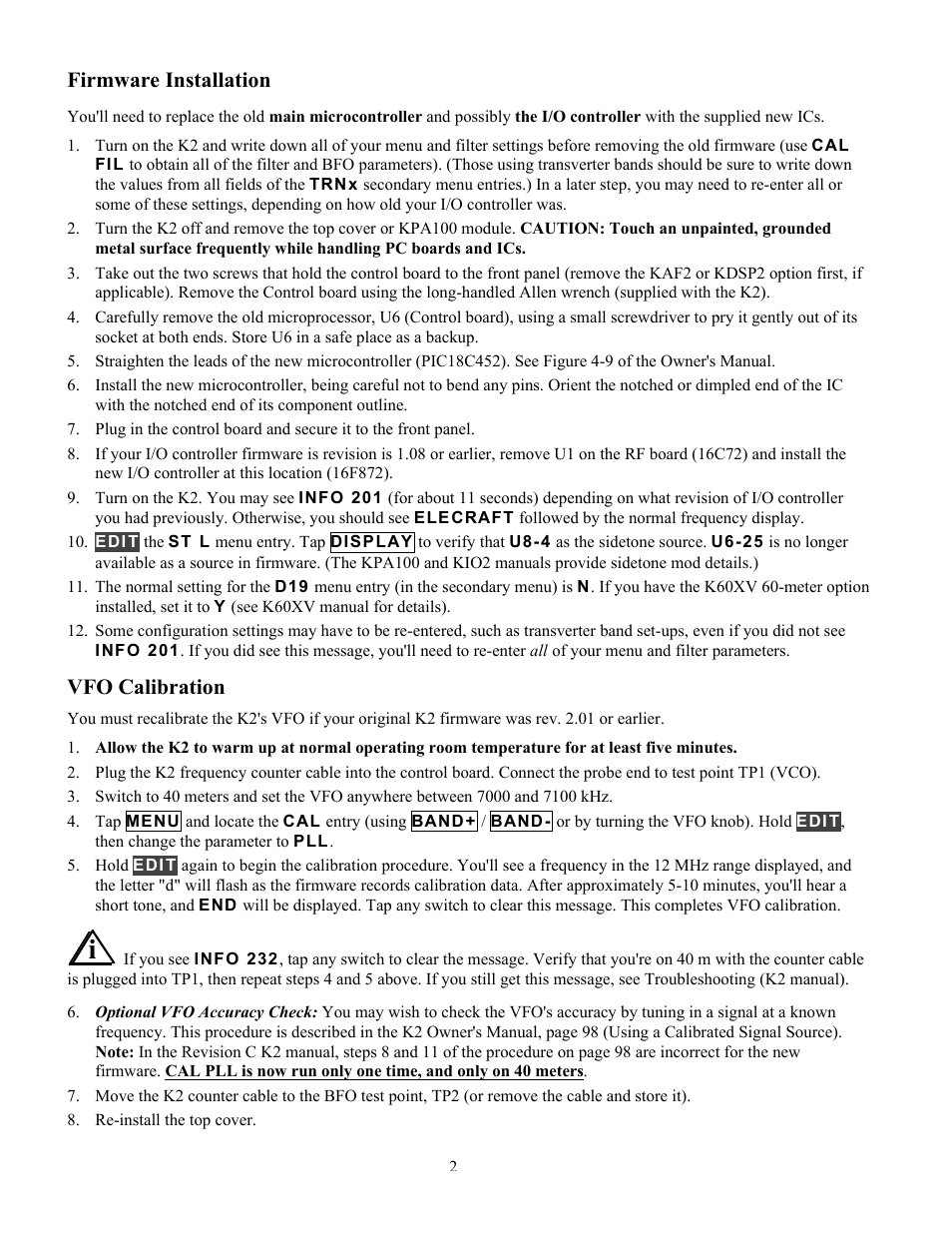Firmware installation, Vfo calibration | Elecraft 2.04 K2 Firmware User Manual | Page 2 / 4