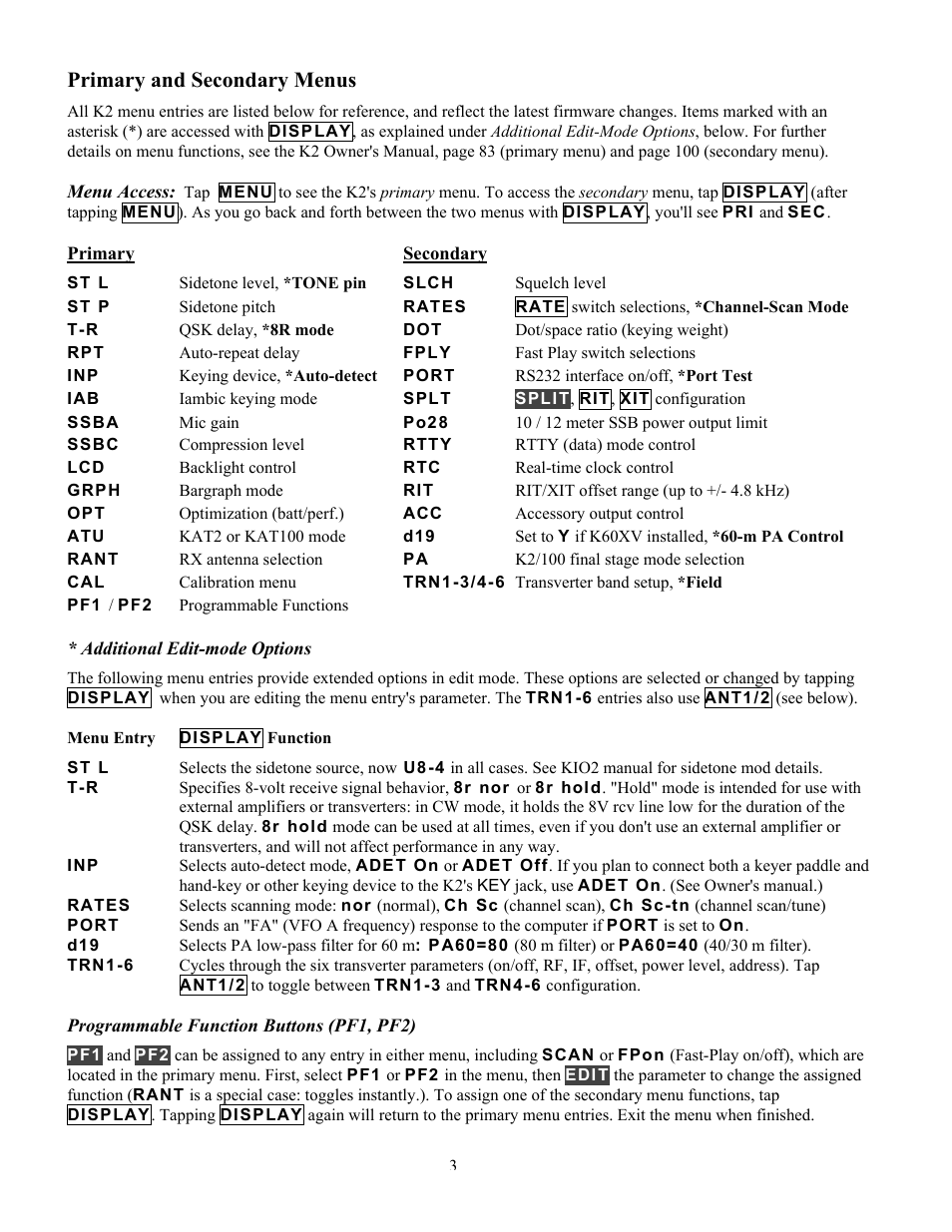 Primary and secondary menus | Elecraft 2.04 K2 Firmware User Manual | Page 3 / 4