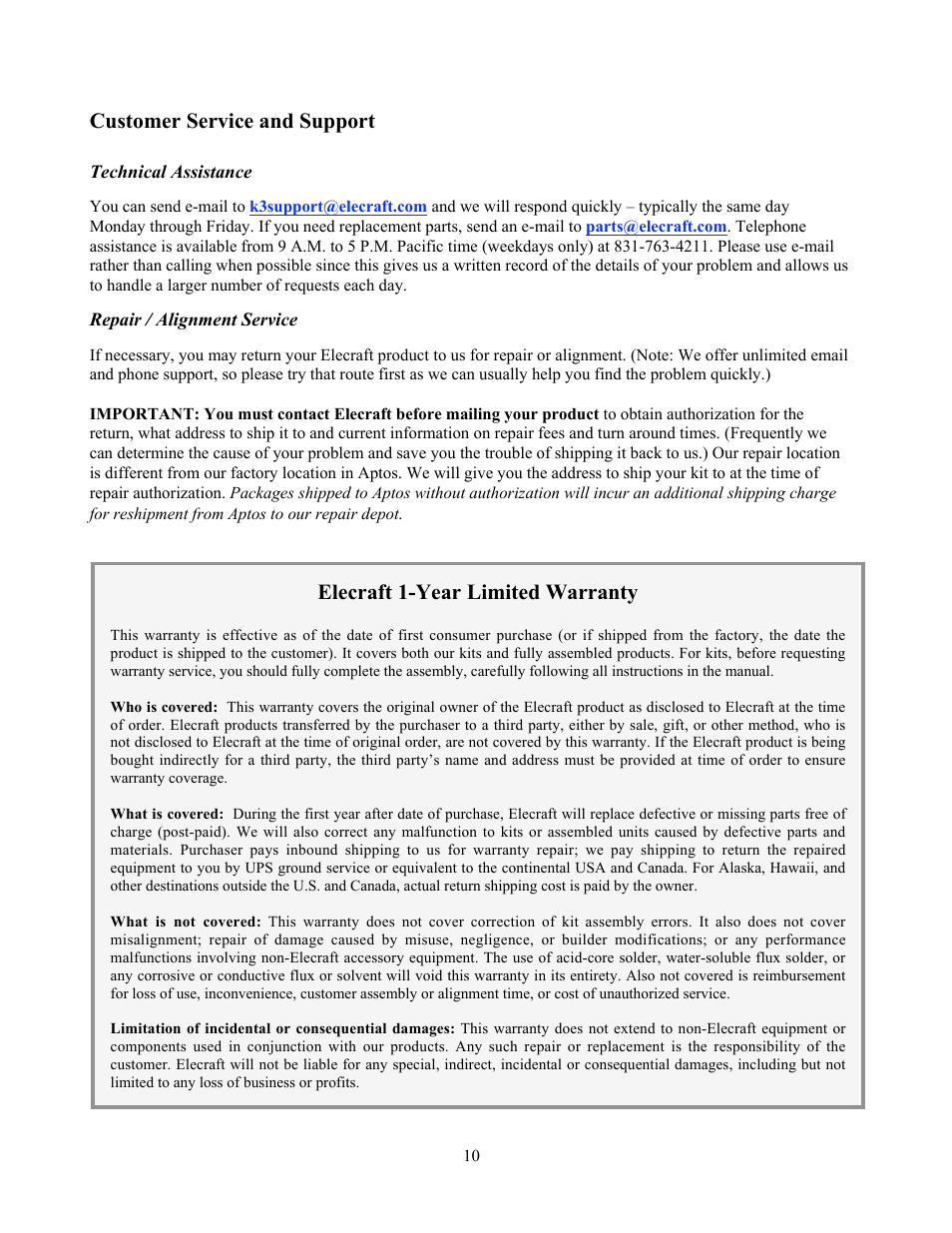 Customer service and support, Elecraft 1-year limited warranty | Elecraft K3 Owner's Manual User Manual | Page 10 / 83