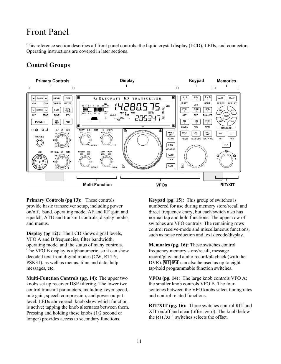 Front panel, Control groups | Elecraft K3 Owner's Manual User Manual | Page 11 / 83