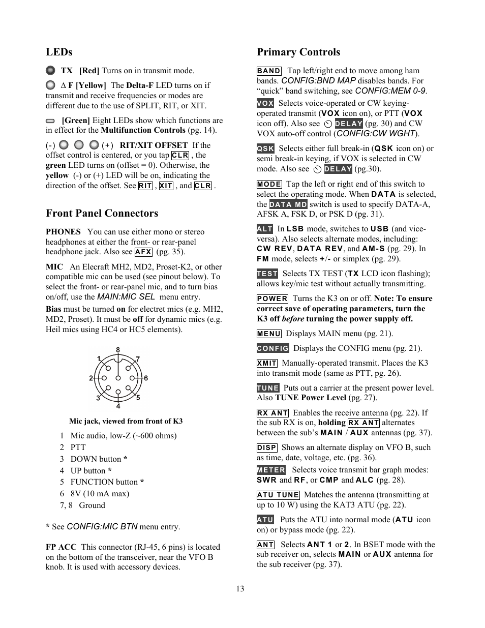 Leds, Front panel connectors, Primary controls | Elecraft K3 Owner's Manual User Manual | Page 13 / 83