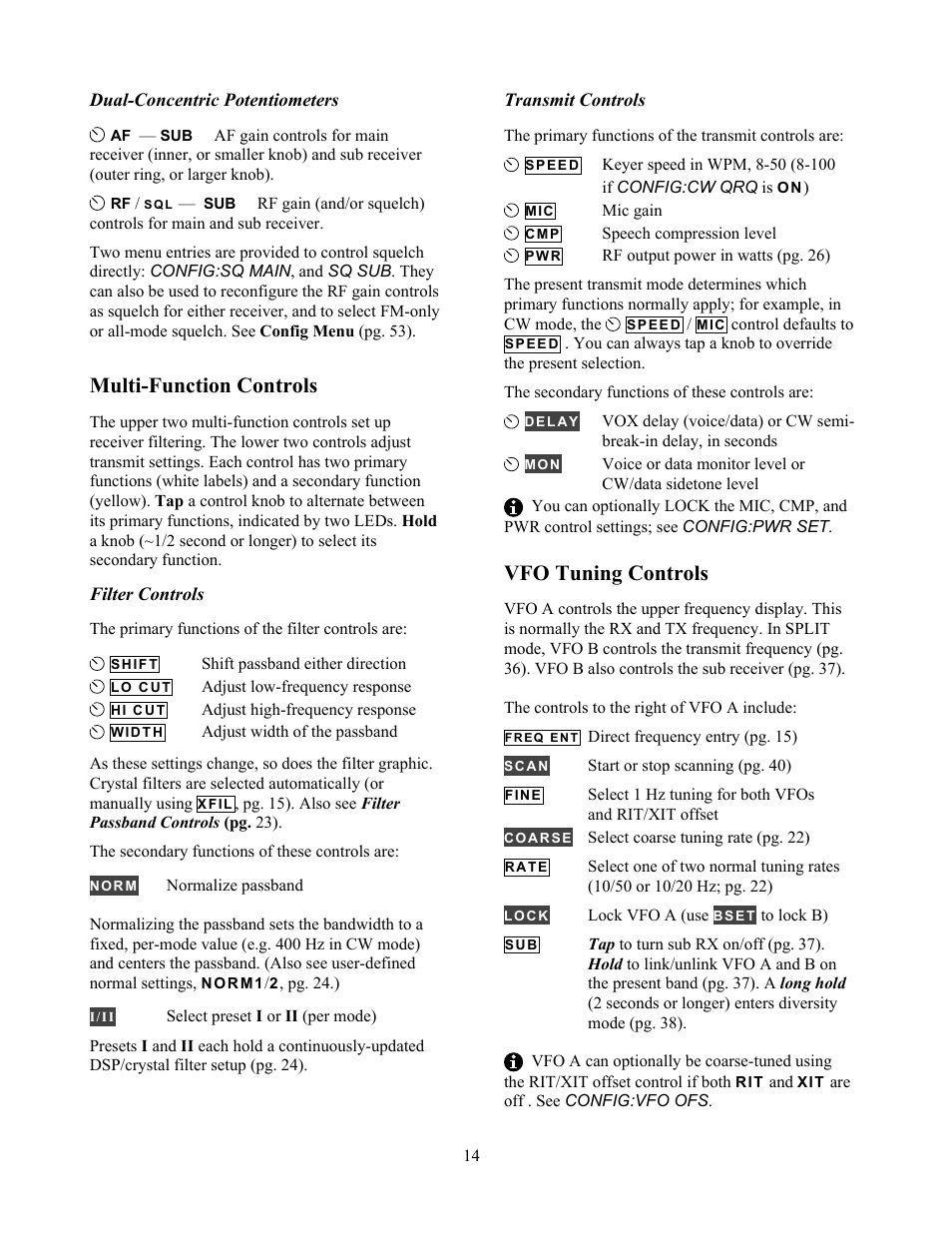 Multi-function controls, Vfo tuning controls | Elecraft K3 Owner's Manual User Manual | Page 14 / 83