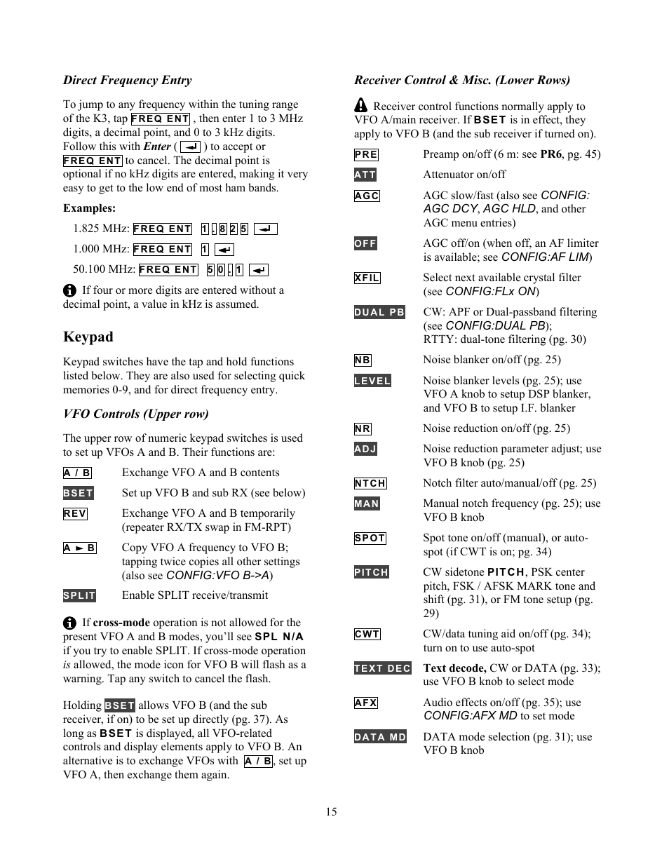 Keypad | Elecraft K3 Owner's Manual User Manual | Page 15 / 83