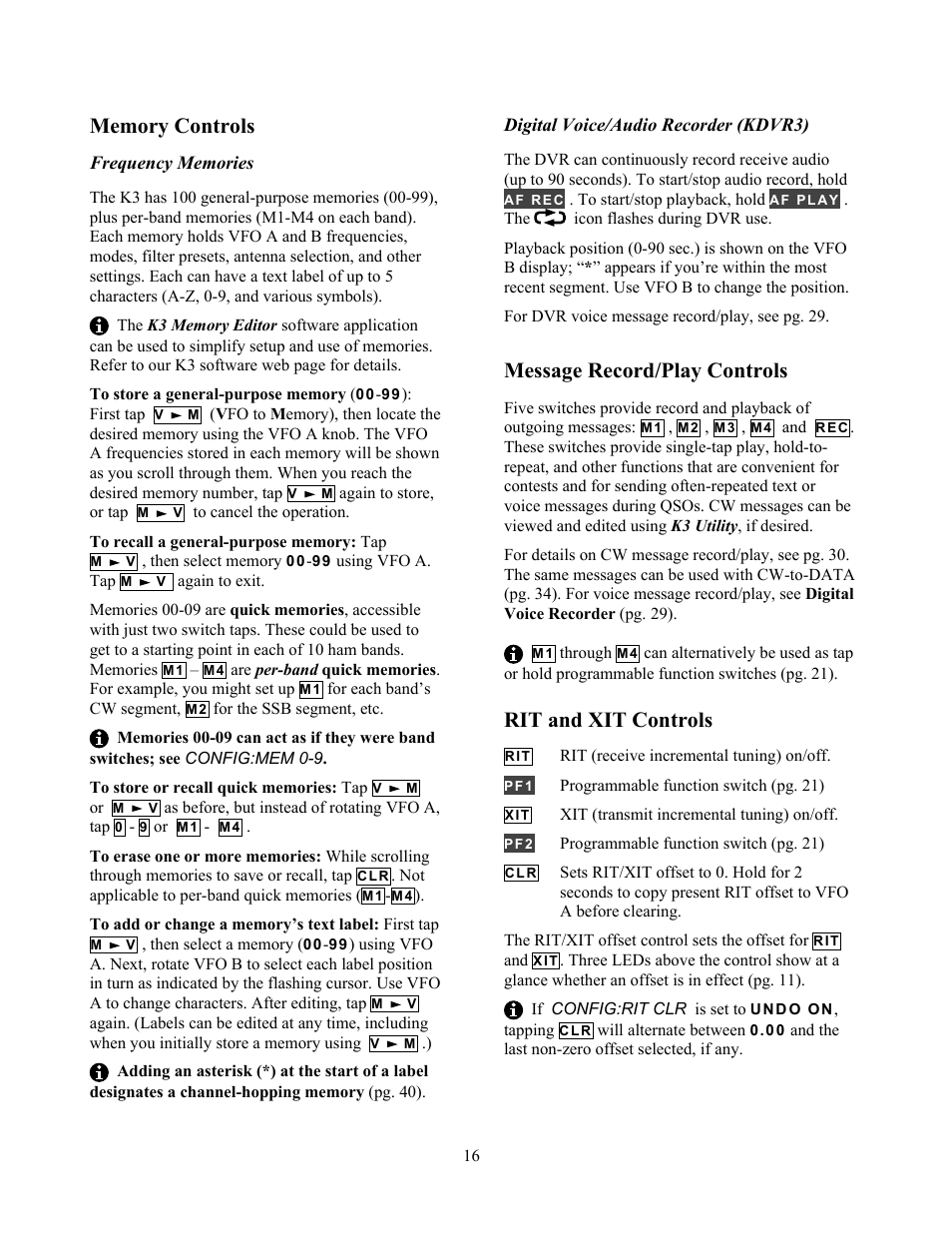 Message record/play controls, Rit and xit controls | Elecraft K3 Owner's Manual User Manual | Page 16 / 83