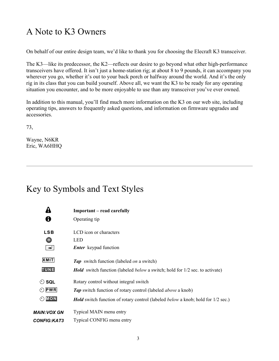 Key to symbols and text styles | Elecraft K3 Owner's Manual User Manual | Page 3 / 83