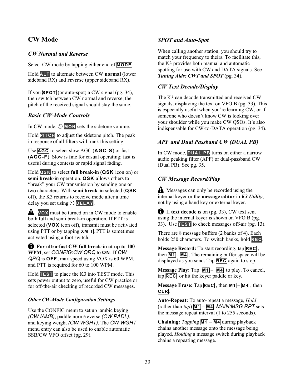 Cw mode | Elecraft K3 Owner's Manual User Manual | Page 30 / 83