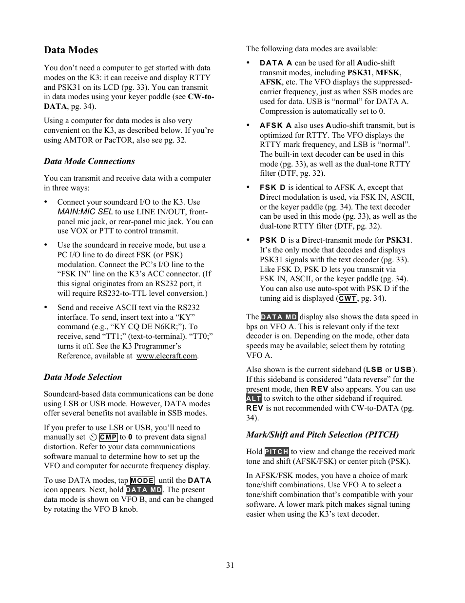 Data modes | Elecraft K3 Owner's Manual User Manual | Page 31 / 83