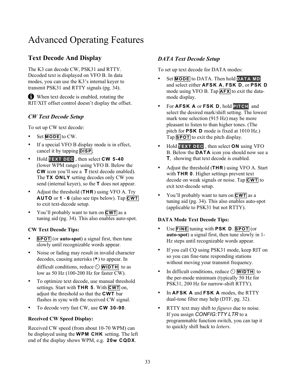 Advanced operating features, Text decode and display | Elecraft K3 Owner's Manual User Manual | Page 33 / 83