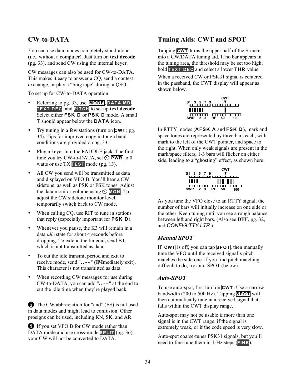 Cw-to-data, Tuning aids: cwt and spot | Elecraft K3 Owner's Manual User Manual | Page 34 / 83