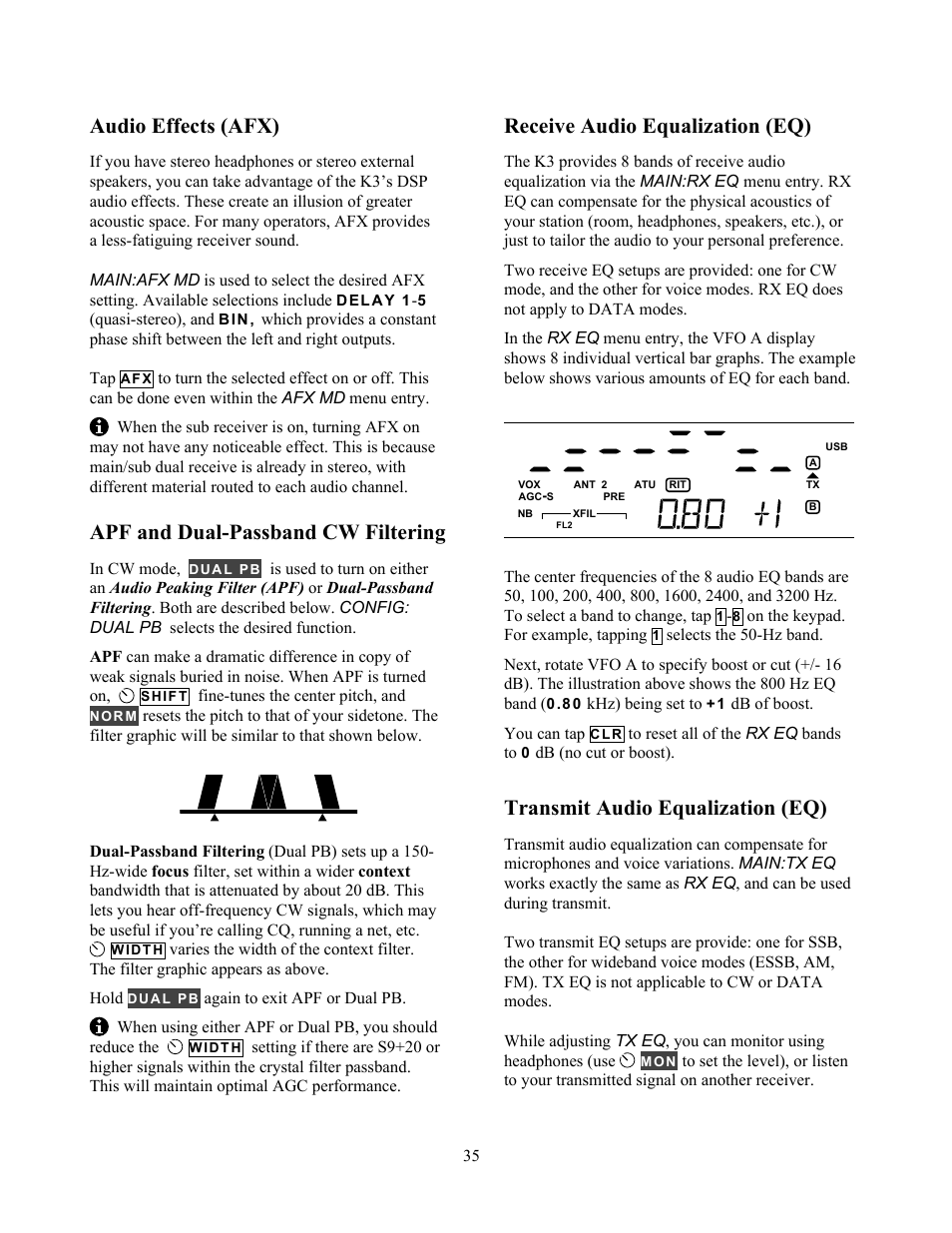 Audio effects (afx), Apf and dual-passband cw filtering, Receive audio equalization (eq) | Transmit audio equalization (eq) | Elecraft K3 Owner's Manual User Manual | Page 35 / 83