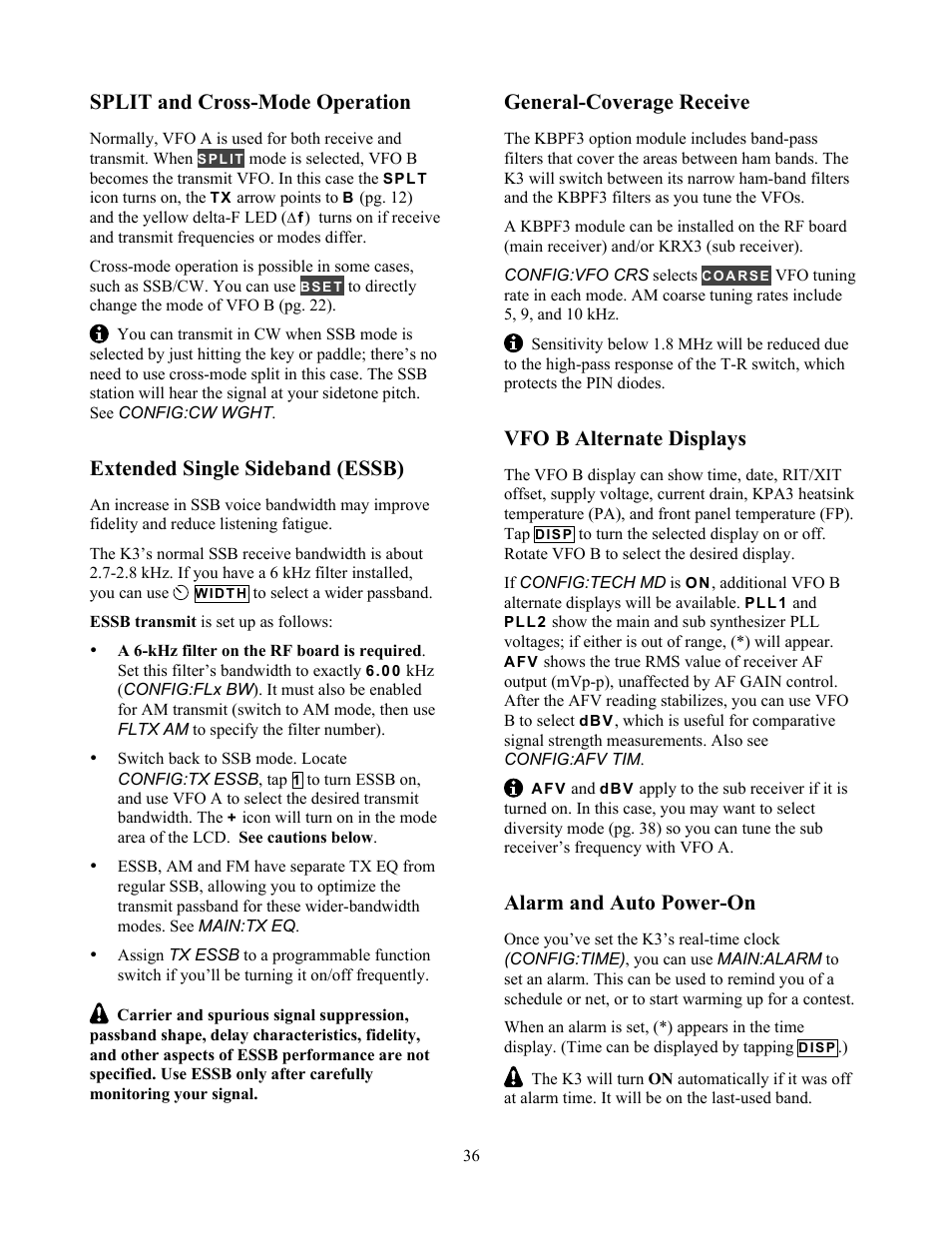 Split and cross-mode operation, Extended single sideband (essb), General-coverage receive | Vfo b alternate displays, Alarm and auto power-on | Elecraft K3 Owner's Manual User Manual | Page 36 / 83