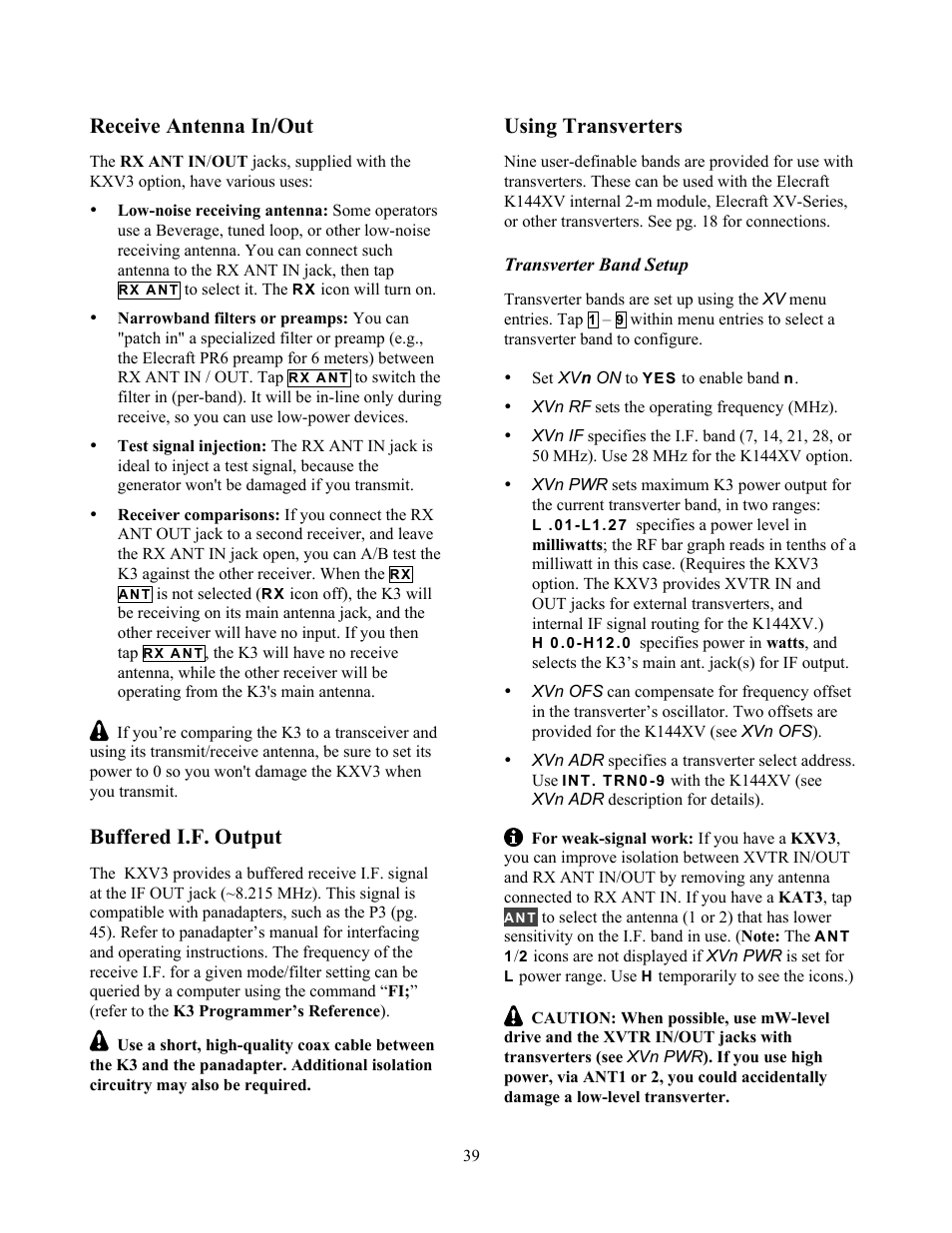 Receive antenna in/out, Buffered i.f. output, Using transverters | Elecraft K3 Owner's Manual User Manual | Page 39 / 83