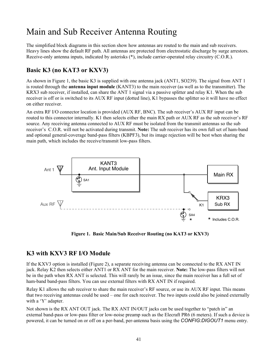 Main and sub receiver antenna routing, Basic k3 (no kat3 or kxv3), K3 with kxv3 rf i/o module | Elecraft K3 Owner's Manual User Manual | Page 41 / 83