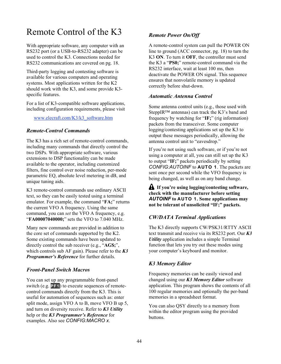 Remote control of the k3 | Elecraft K3 Owner's Manual User Manual | Page 44 / 83