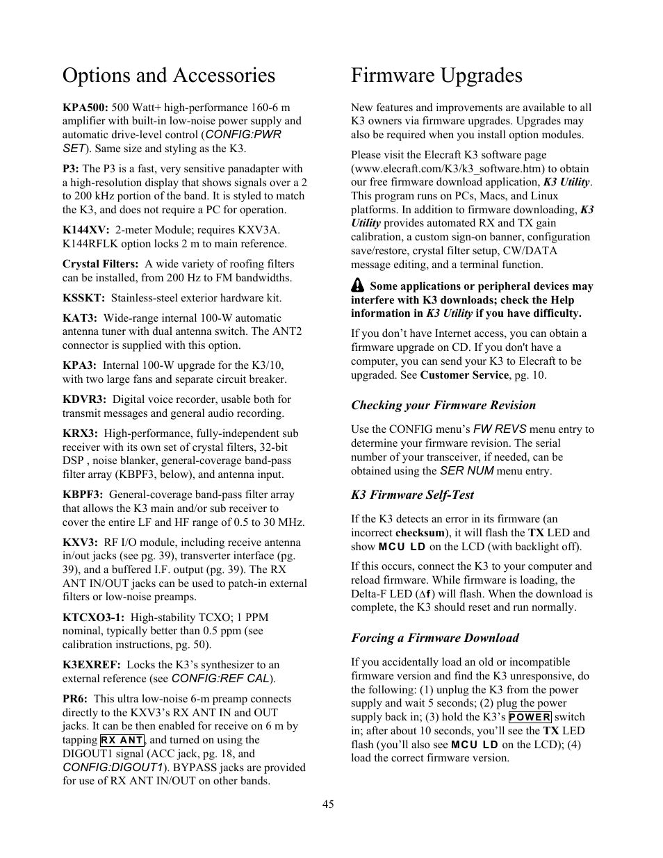 Options and accessories, Firmware upgrades | Elecraft K3 Owner's Manual User Manual | Page 45 / 83