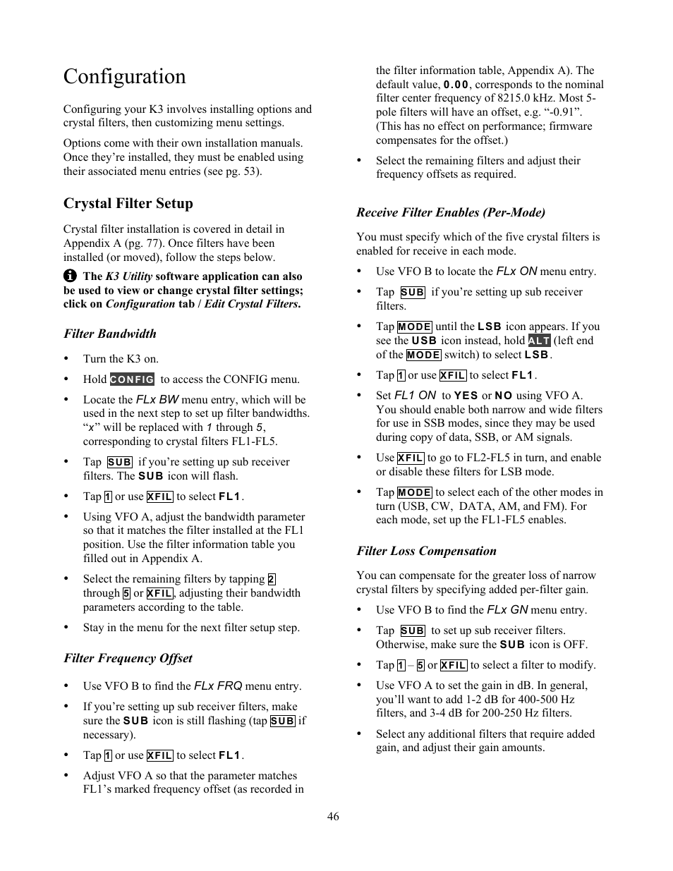 Configuration, Crystal filter setup | Elecraft K3 Owner's Manual User Manual | Page 46 / 83