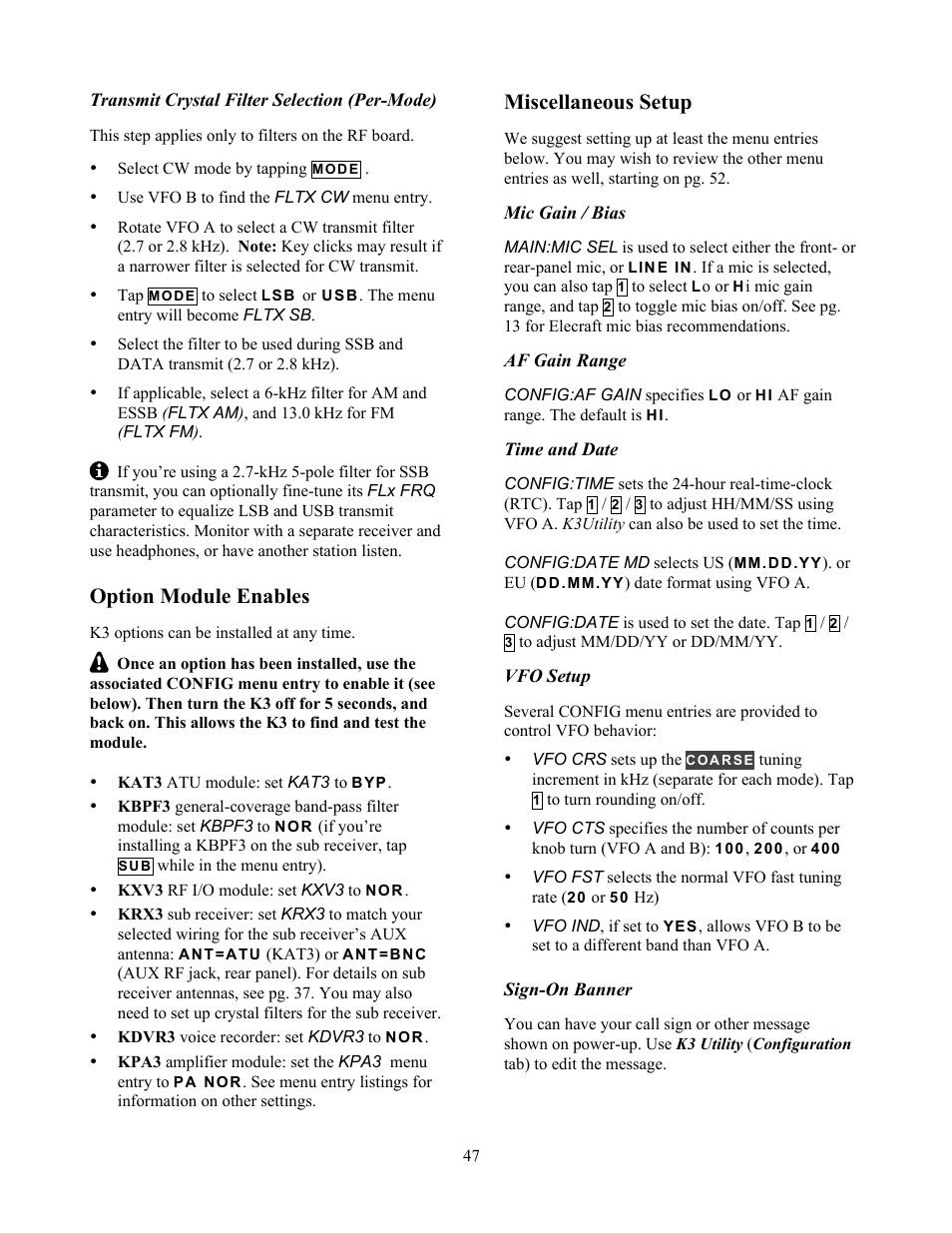 Option module enables, Miscellaneous setup | Elecraft K3 Owner's Manual User Manual | Page 47 / 83