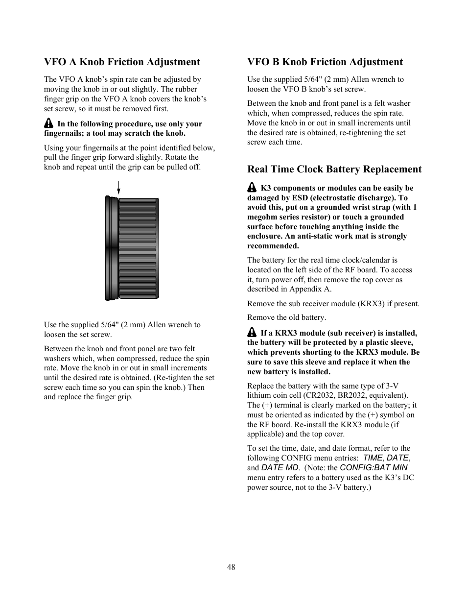 Vfo a knob friction adjustment, Vfo b knob friction adjustment, Real time clock battery replacement | Elecraft K3 Owner's Manual User Manual | Page 48 / 83