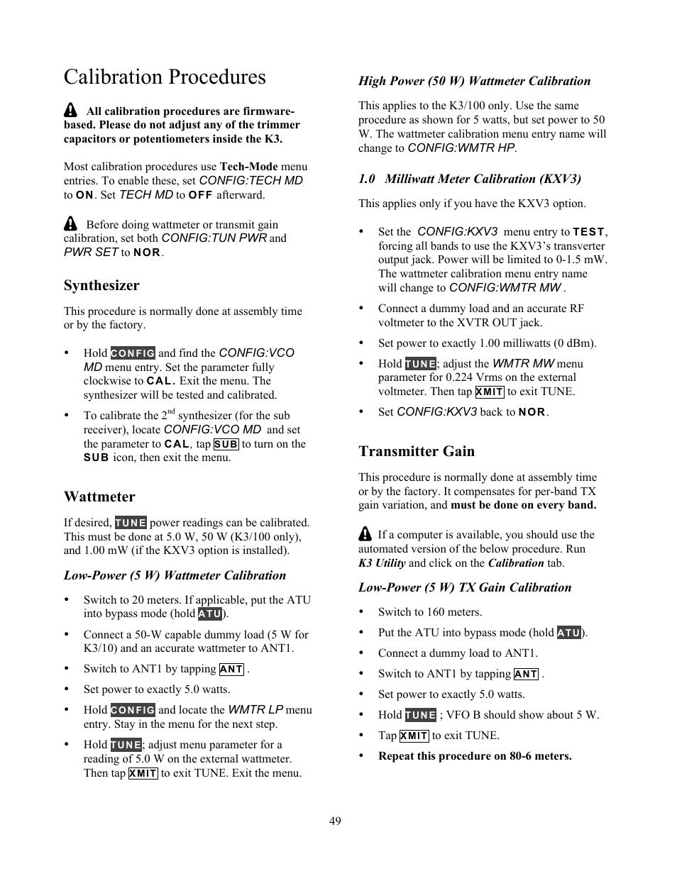 Calibration procedures, Synthesizer, Wattmeter | Transmitter gain | Elecraft K3 Owner's Manual User Manual | Page 49 / 83