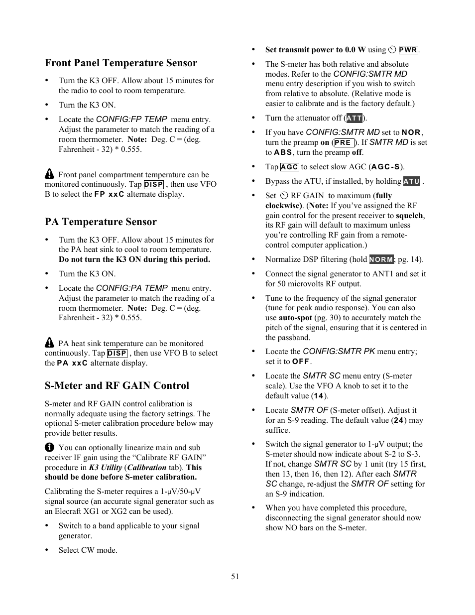 Front panel temperature sensor, Pa temperature sensor, S-meter and rf gain control | Elecraft K3 Owner's Manual User Manual | Page 51 / 83