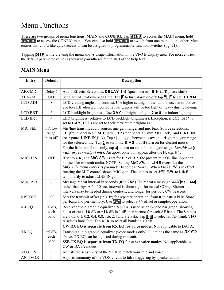 Menu functions, Main menu | Elecraft K3 Owner's Manual User Manual | Page 52 / 83