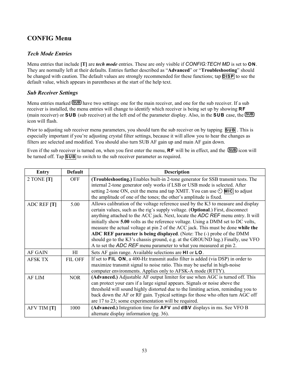 Config menu | Elecraft K3 Owner's Manual User Manual | Page 53 / 83