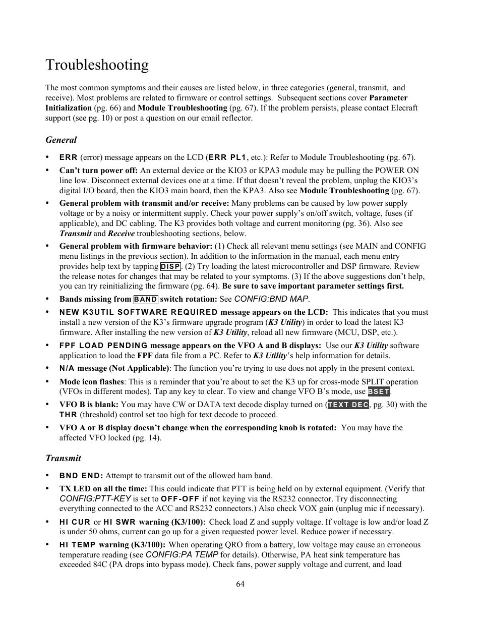 Troubleshooting | Elecraft K3 Owner's Manual User Manual | Page 64 / 83