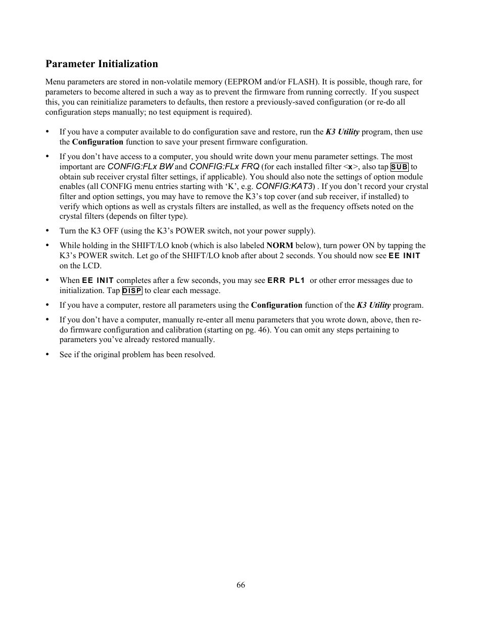 Parameter initialization | Elecraft K3 Owner's Manual User Manual | Page 66 / 83