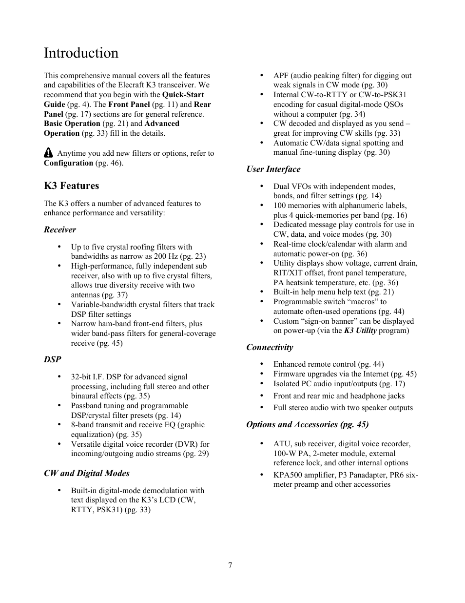 Introduction, K3 features | Elecraft K3 Owner's Manual User Manual | Page 7 / 83
