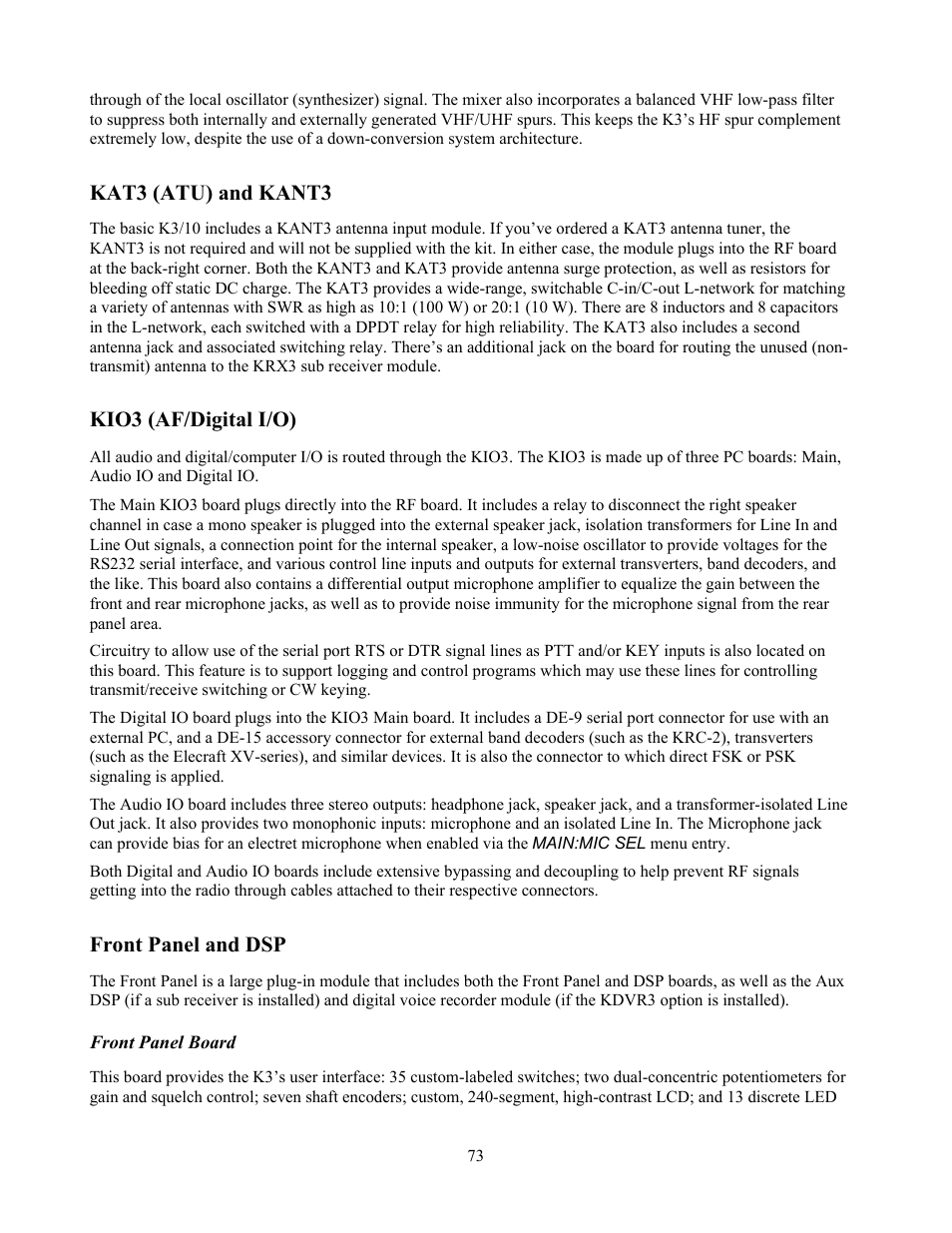 Kat3 (atu) and kant3, Kio3 (af/digital i/o), Front panel and dsp | Elecraft K3 Owner's Manual User Manual | Page 73 / 83