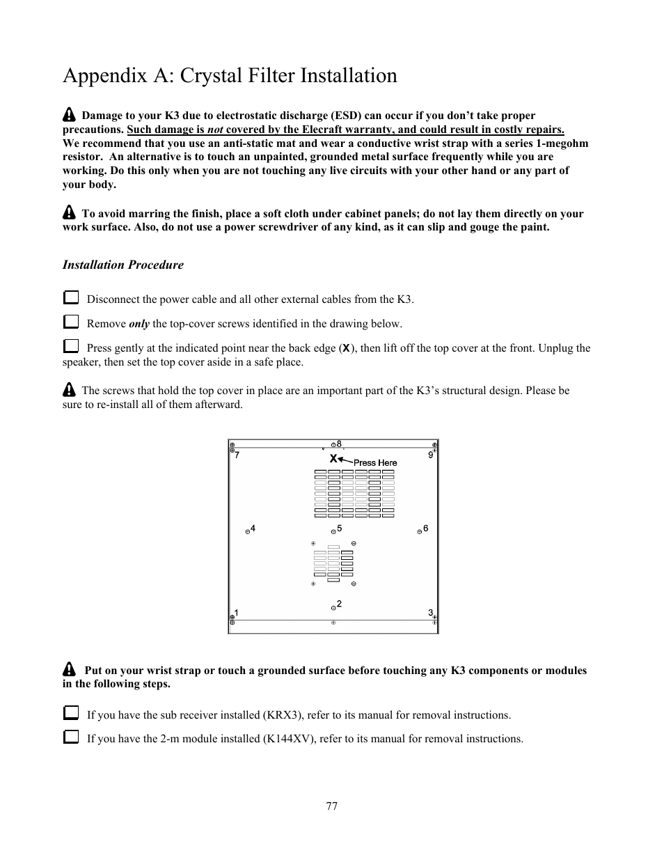 Appendix a: crystal filter installation | Elecraft K3 Owner's Manual User Manual | Page 77 / 83