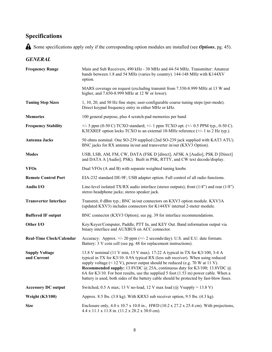 Specifications | Elecraft K3 Owner's Manual User Manual | Page 8 / 83