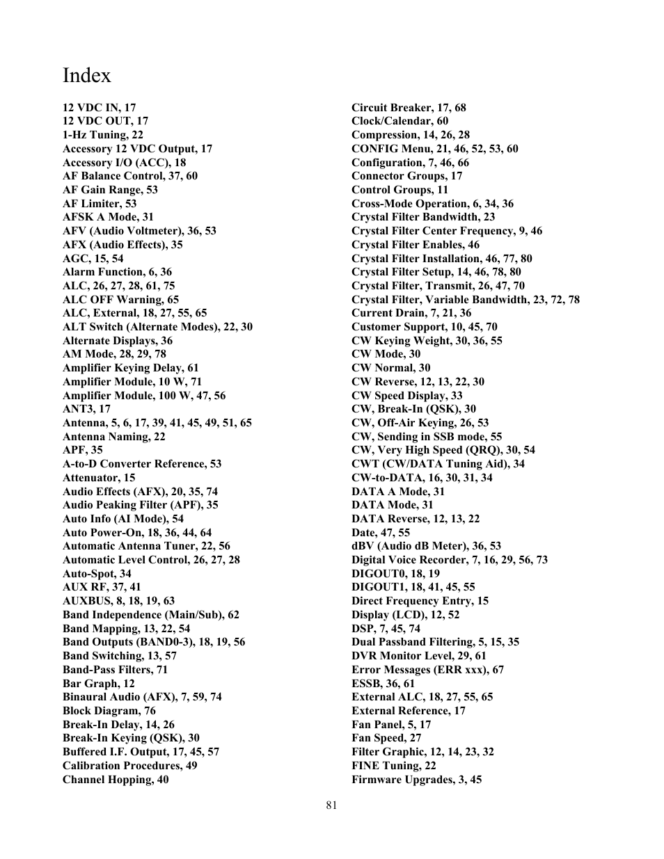 Index | Elecraft K3 Owner's Manual User Manual | Page 81 / 83