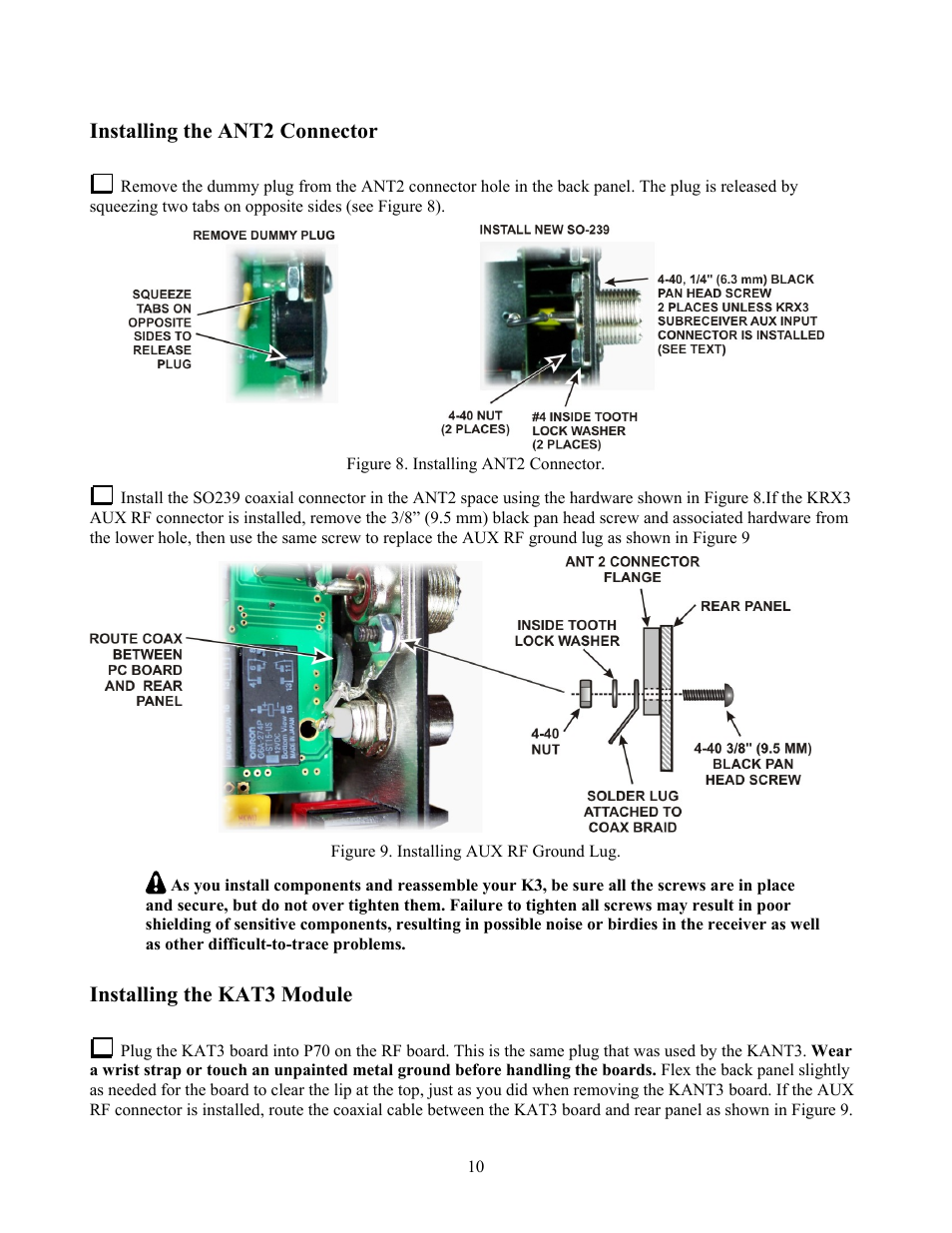 Installing the ant2 connector, Installing the kat3 module | Elecraft KAT3 User Manual | Page 10 / 12