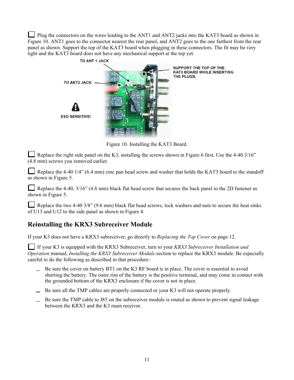 Reinstalling the krx3 subreceiver module | Elecraft KAT3 User Manual | Page 11 / 12