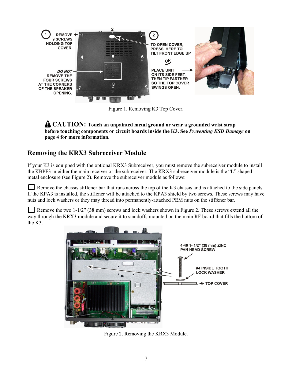 Caution, Removing the krx3 subreceiver module | Elecraft KBPF3 User Manual | Page 7 / 15